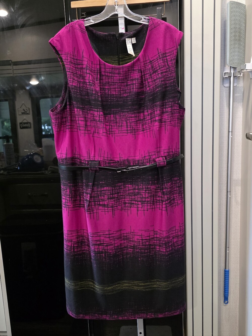 Emma & Michele Magenta Black Abstract Print Belted Sheath Dress